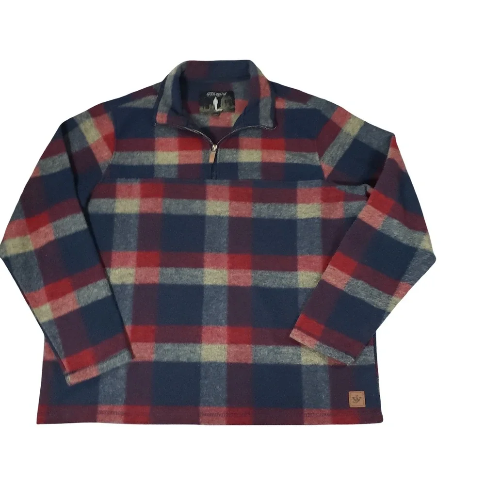 John Wayne Stock & Supply Mens XL Plaid Quarter Zip Fleece Pullover Navy Red